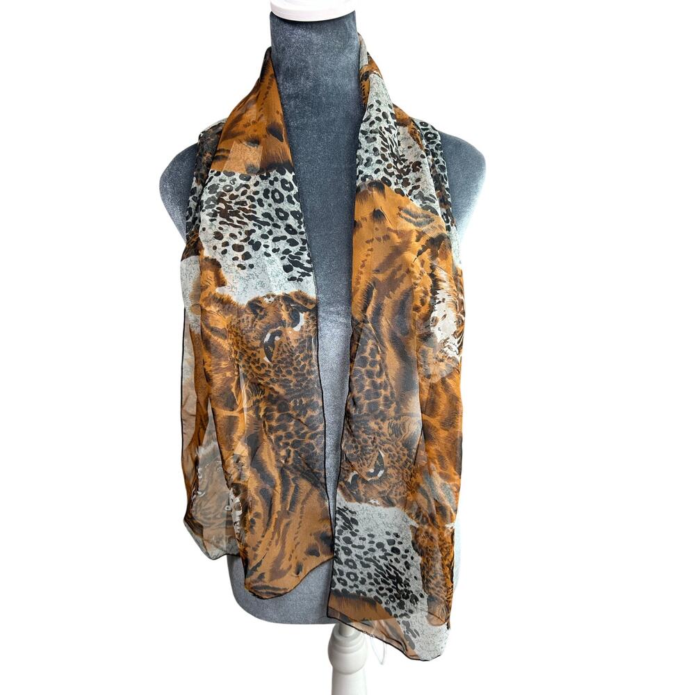 Vintage- Neck Scarf- Black Brown Cheetah Lion- Big Cats- semi sheer- 54x12"